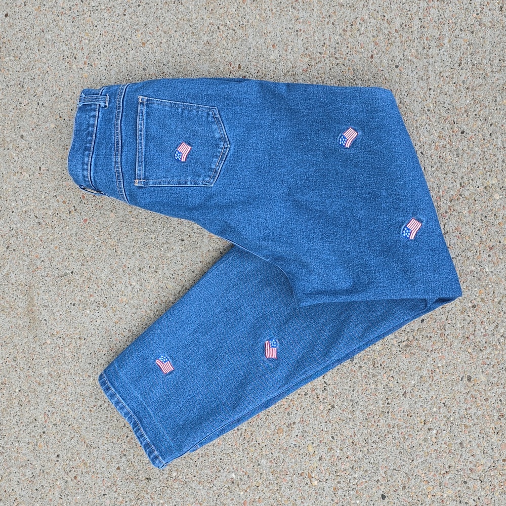 Vintage Quacker Factory Flag 4th Of July Patriotic High Waisted Jeans